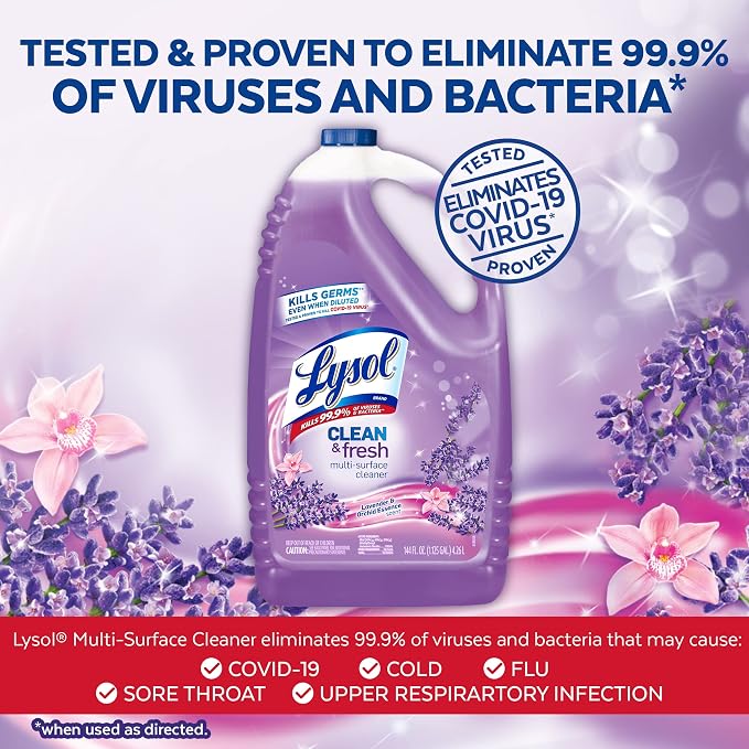 Lysol All Purpose Cleaner, Multi-Surface Disinfectant Floor Cleaner for Mopping Solution, Household Cleaning Supplies, for Bathroom & Kitchen, Lavender Orchid Scent, 4x144 oz