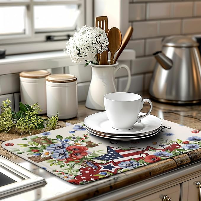 4th of July Drying Mat for Kitchen Counter Patriotic Floral Cross Stars Dish Drying Pad Independence Day Absorbent Microfiber Washable Dish Draining Mat Extra Large 18"x24"