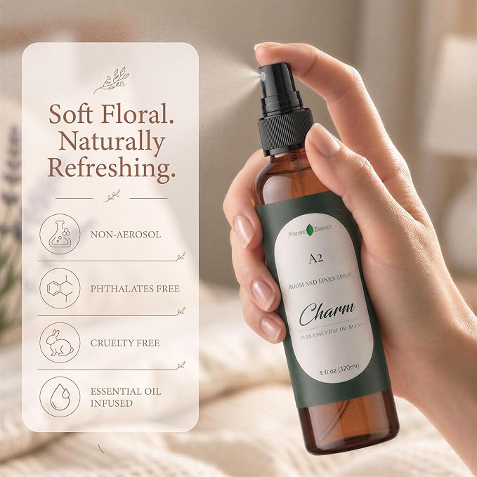 A2 Charm Room & Linen Spray with Essential Oils, Vegan, 4 fl oz | Essential Oil Blend, Citrus-Herbal Aroma, Room and Linen Spray, Vegan, Fine Mist, 4 fl oz