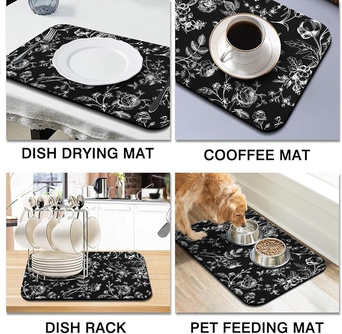 Dish Drying Mat 2-Pack in Black White Floral for Kitchen Counter Dishes | Diatom Mud Mats (18x24, 19.5x12"). Non-slip rubber back for kitchen counter, coffee bar & sink scenes