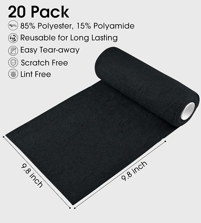 KitchLife Microfiber Cleaning Cloth Roll - Tear-Away Reusable Microfiber Paper Towels, Lint-Free, Washable, 20 Sheets for Kitchen, Car, Dishes, and Sensitive Surfaces (Black)