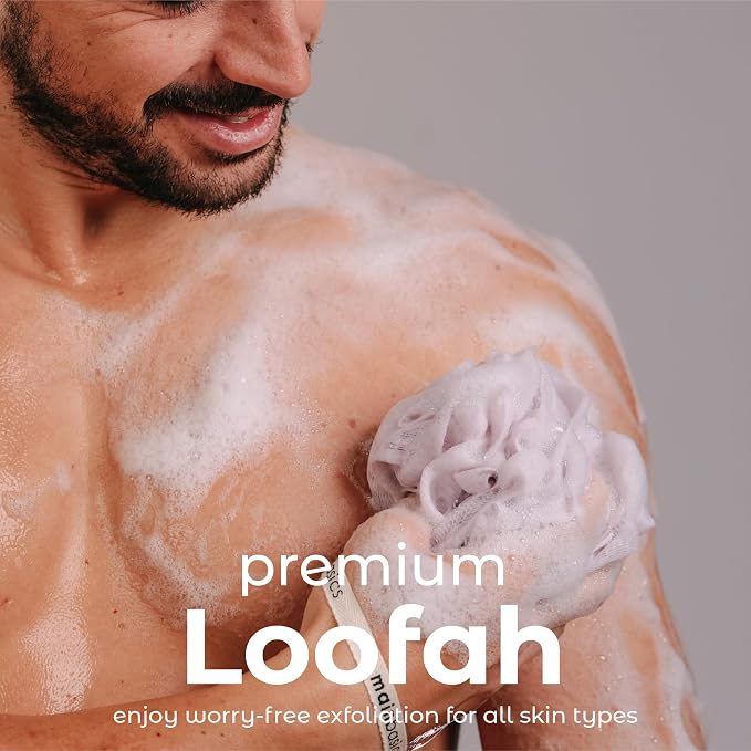 MainBasics Shower Loofah Sponge Pouf, Set of 3, Perfectly Pink | Soft Mesh Body Scrubber and Bath Sponge for Gentle Exfoliation, Rich Lather, and Everyday Shower Use