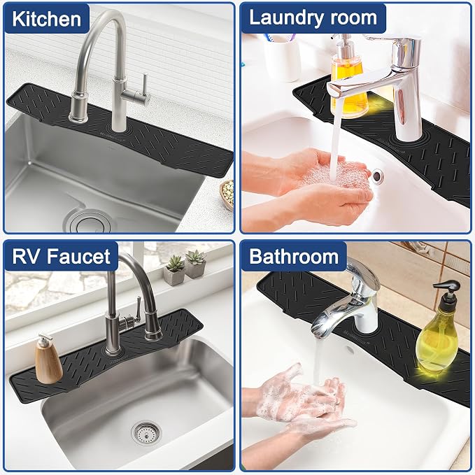 Faucet Mat for Kitchen Sink – 24” x 5.1” Extra-Long Silicone Splash Guard with 10° Slope & Upgraded Drainage – Gen 3 Sink Water Catcher & Sponge Holder for Kitchen, Bathroom (Black)