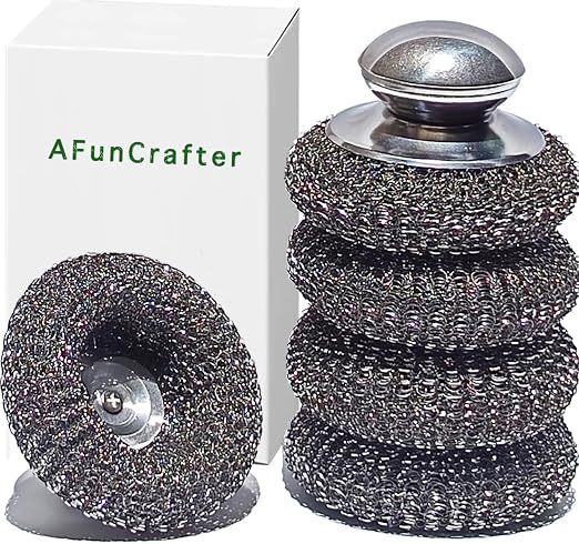 Steel Wool Scrubber with 2 Handles & 3 Replacement Wire Sponge(Scouring Pads) - Stainless Metal Cleaner Heavy Duty Brush for Pots, Pans, Cast Iron, Grill, Sink, Dishes, Stove, Kitchen Deep Clean
