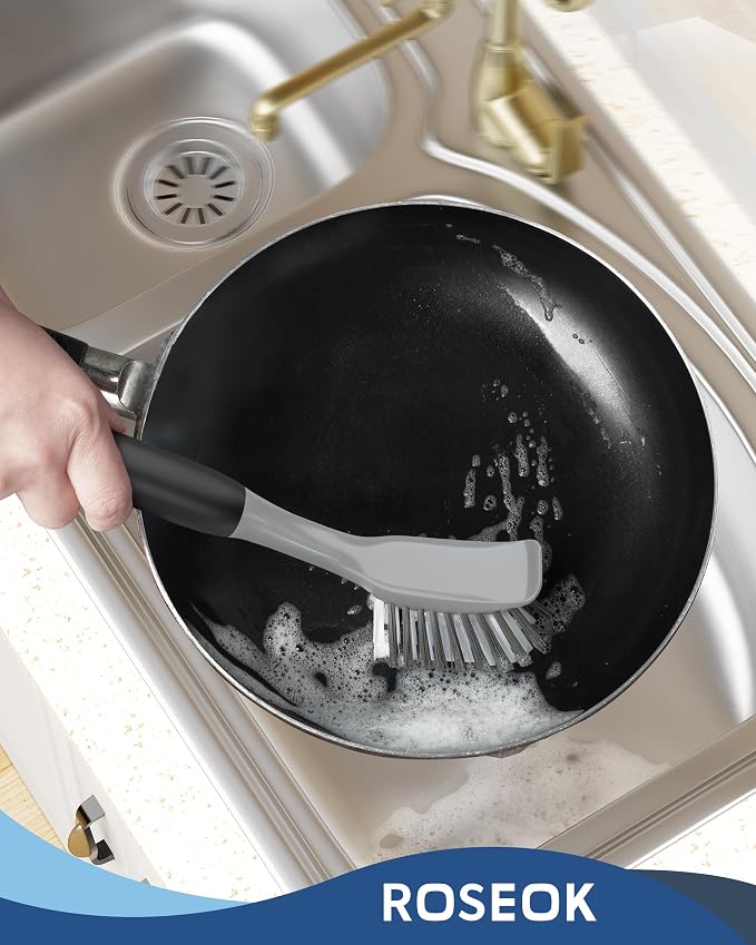 ROSEOK Dish Brush, Dish Scrubber, Nylon Bristles with Built-in Scraper | For Cleaning Dishes, Pots, Non-Stick Pans and Sinks, Black, 2 Pack