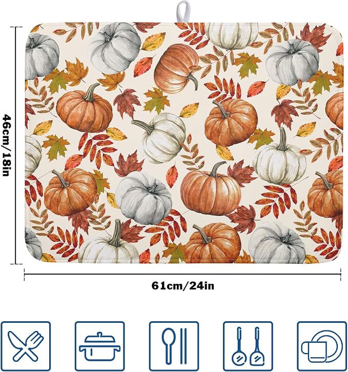 Fall Dish Drying Mat for Kitchen Counter 18x24 Inch Fall Pumpkin Kitchen Mat Thanksgiving Harvest Drying Mats Absorbent Reversible Dish Pad Autumn Maple Leaves Draining Mat for Countertop Protector