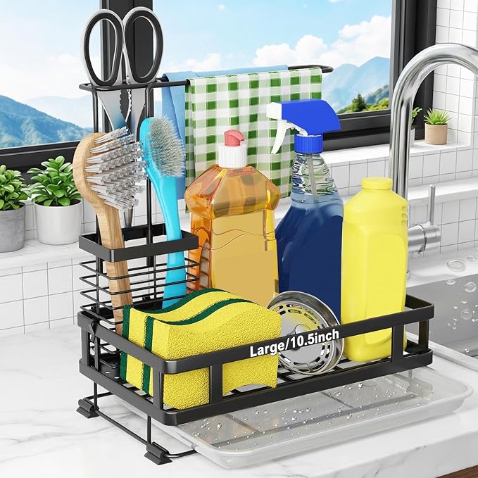 Godboat Kitchen Sink Organizer with Brush Rack - Sink Caddy with Drain-Pan | Stainless Steel Sponge Holder for Kitchen Sink with Towel Rack, Organizer for Dish Soap Dispenser, 10.5"L × 5.9"W × 10.5"H