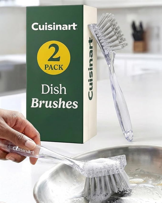 Cuisinart Dish Brush with Handle, 2 Pack, Firm Bristles | Multi-purpose dish scrubber for plates, pots, and pans, deep cleaning removes grease, safe for nonstick, built-in scraper