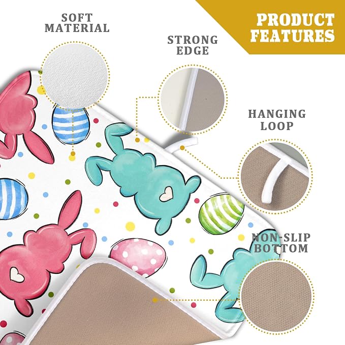 Easter Dish Drying Mat for Kitchen Counter Colorful Bunny Holiday Microfiber Absorbent Dish Draining Reusable Washable Foldable 16"x18"