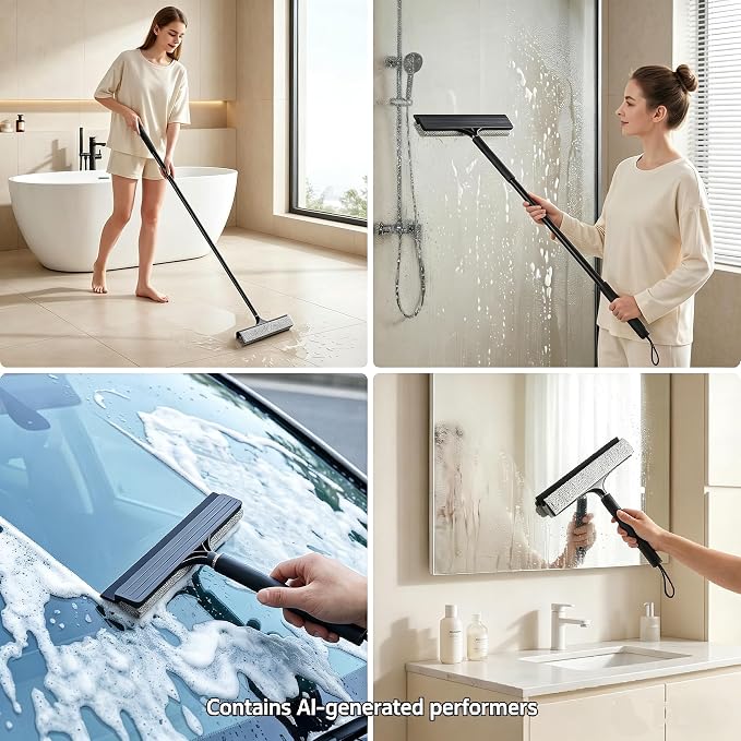 Telescopic 2-in-1 Window Squeegee with Scrubbing Pad | Works on shower glass, tile walls, floors, mirrors & windows; long extendable handle cleans high areas, easy storage