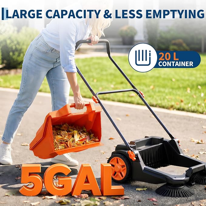 Professional Walk-Behind Push Floor Sweeper, 25.6" Manual Non-Electric Sweeper with Large Capacity Dustbin,Adjustable & Foldable Handle