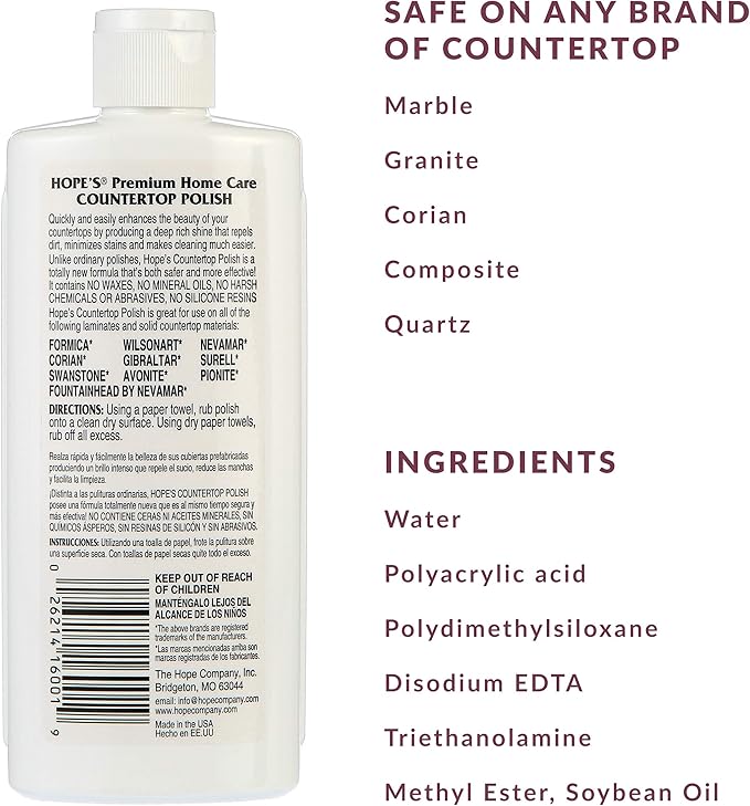 HOPE'S Countertop Restoration Polish, Streak-Free Kitchen Counter Cleaner, No Buildup on Countertops, Quartz, Marble, Corian, Composite, and Granite Polish, 8 Fl Oz, Pack of 3