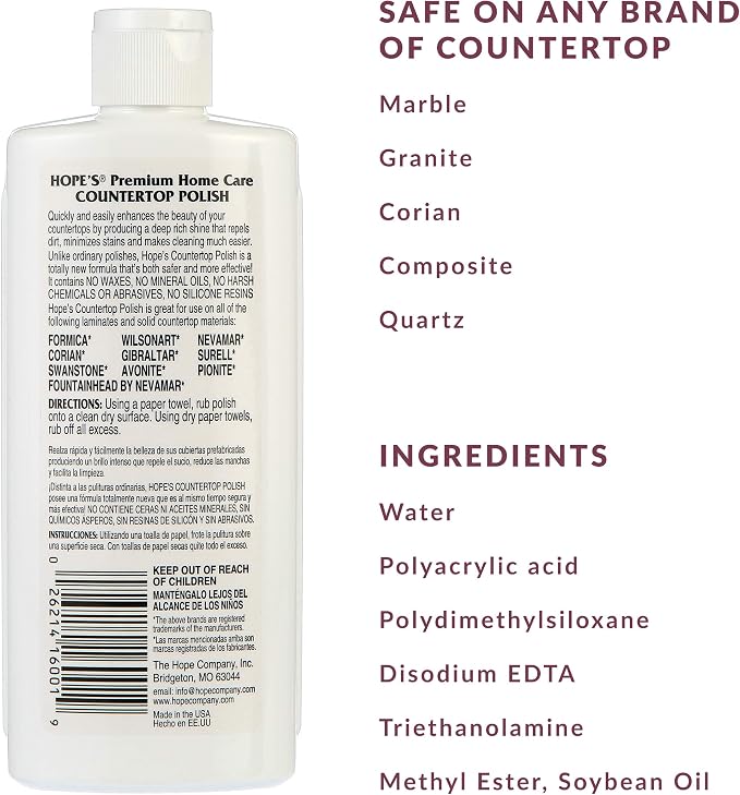 HOPE'S Countertop Restoration Polish, Streak-Free Kitchen Counter Cleaner, No Buildup on Countertops, Quartz, Marble, Corian, Composite, and Granite Polish, 8 Fl Oz, Pack of 2