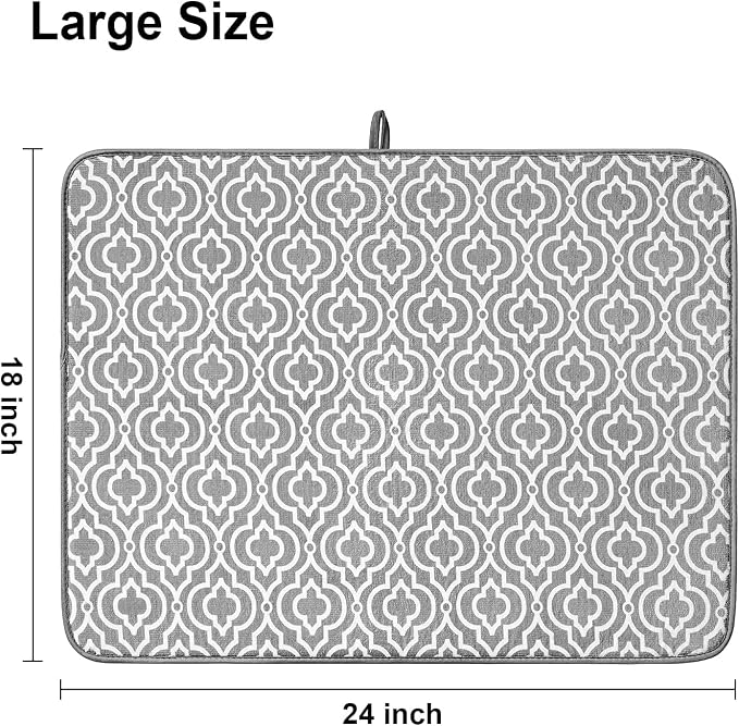 SUBEKYU 24" x 18" Dish Drying Mat, Dish Mat Drying Kitchen Mat Large, Absorbent Microfiber Dish Drainer/Rack Pads, XL, Grey, 2 PACK