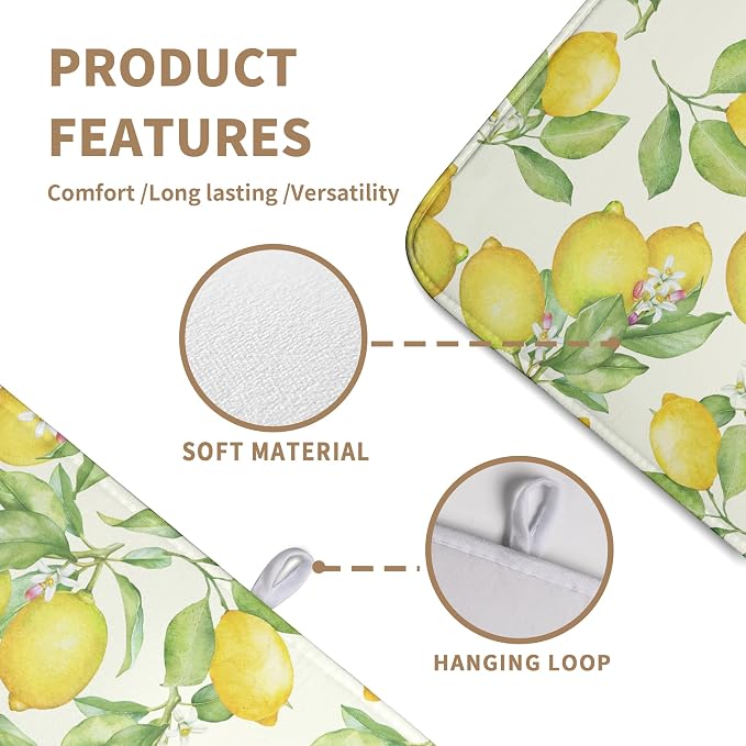 Summer Lemon Drying Mat Watercolor Fruit Yellow Lemon With Green Leaf Floral Dish Drying Mats for Kitchen Counter 18×24 Inch Microfiber Absorbent Dish Pad