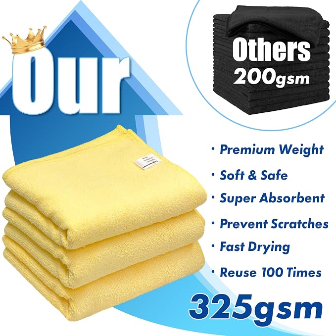 Simple Houseware 16" x 24" Microfiber Cleaning Towels, Heavy Duty 3 Pack | 325 GSM Reusable for Home, Kitchen and Car