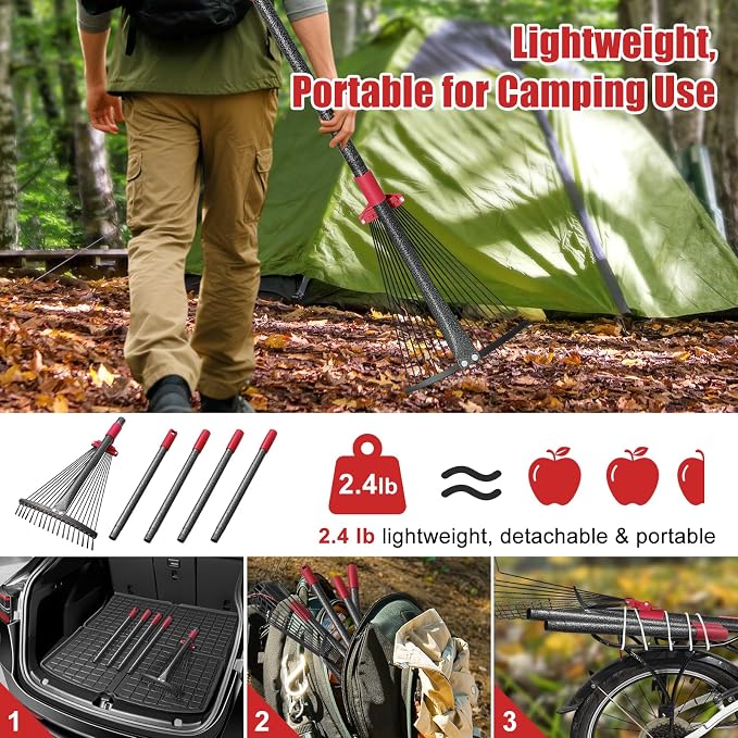 Collapsible Garden Rake, 8"-17" Expandable Metal Leaf Rake with 70" Long Handle, Lightweight Yard Rake for Leaves, Pine Needles, Flower Beds, Shrubs, Small Lawns and RV Camping