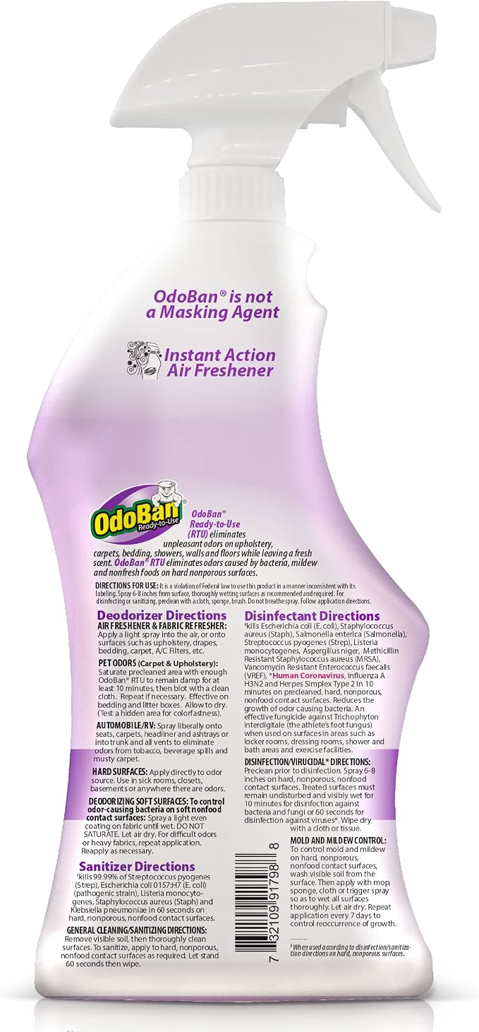 OdoBan Ready-to-Use Disinfectant and Odor Eliminator, Made in the USA, Lavender Scent, Set of 2, 32 oz Spray and 1 Gallon Concentrate