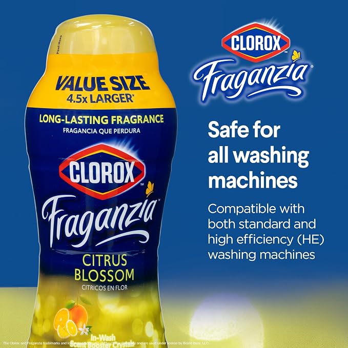 Clorox Fraganzia Laundry Scent Booster Crystals, In-Wash Fragrance Beads for Fresh-Smelling Clothes & Linens, Safe for All Fabrics & Colors, Easy-Pour Bottle, Citrus Blossom Scent, 70 Oz