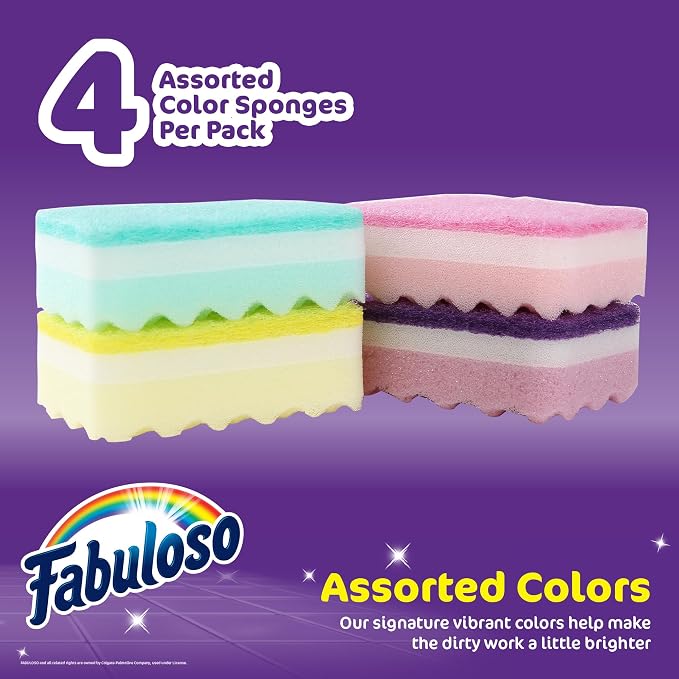 Fabuloso Scratch-Free Kitchen Dish Sponges, Rainbow Cellulose Scrubber Sponge with Scouring Pad for Dishes, Pots, Pans, Counters and Sinks, Tough on Messes, 4.25 x 2.75 x 1.25 in, 4 Count