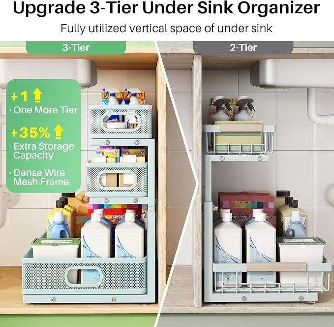 Under Sink Organizer, 1-Pack 3-Tier Height Adjustable Thickened Metal Pull out Cabinet Organizer Shelf, Slide out Storage Drawer Rack for Bathroom Kitchen Pantry Home Organization, LightBlue