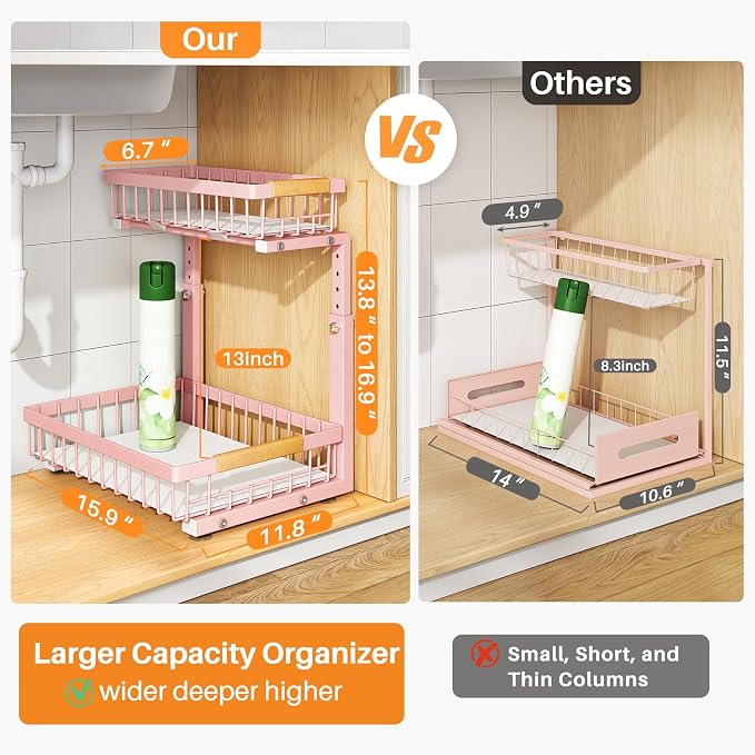 PXRACK Under Sink Organizer, Adjustable Height, 2 Tier Pull Out Under Cabinet Organizer, Slide Out Thickened Metal Under Sink Storage for Kitchen Bathroom Laundry Pantry Cabinet, Pink, Large-1-Pack