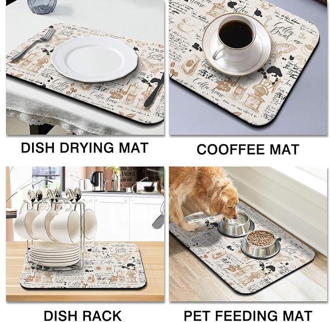 Coffee Bar Mat, 19inx12in, Absorbent, Anti-Slip, Fits Under Coffee Machine, Dish Drying Mat for Kitchen Countertops
