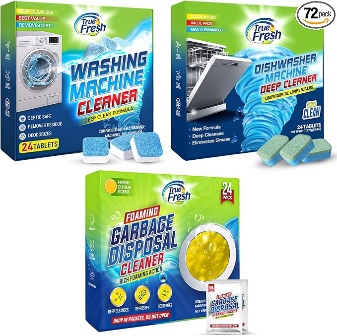 72 Tablets for a Sparkling Kitchen – 48 Dishwasher Cleaner & Washing Machine Cleaner Tablets + 24 Garbage Disposal Deodorizer Packets -Deep Cleaning, Drain Maintenance & Septic Safe Maintainance