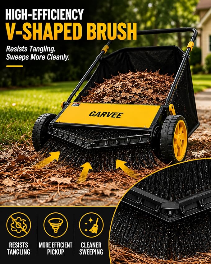 26 Inch Push Lawn Sweeper with 7 Cu. Ft. Large Mesh Collection Bag | Heavy Duty Steel Frame, 10" Rubber Wheels, 4 Spinning Brushes, Manual Height Adjustment for Leaves, Grass and Yard Debris