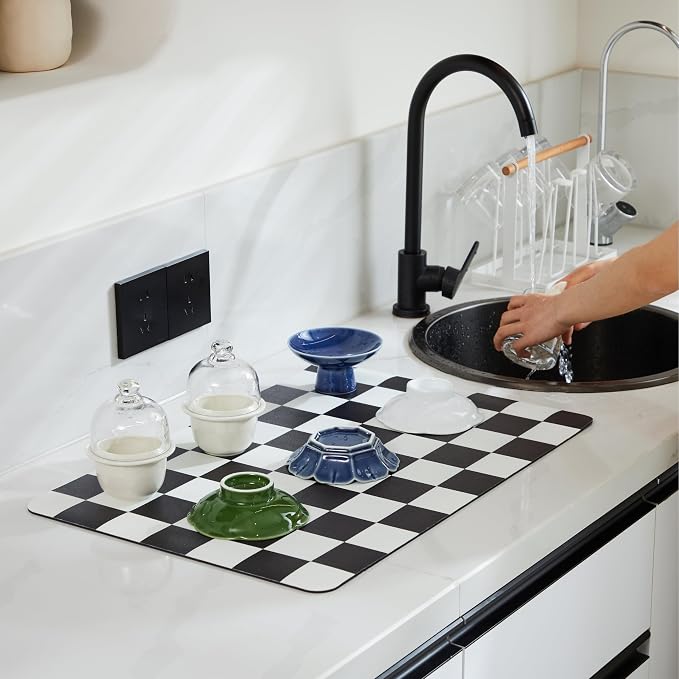 Ohocut Checkered Dish Drying Mat for Kitchen Counter, Coffee Bar Station Accessories, Retro Cute Aesthetic Modern Absorbent Drainer Mat Kitchen Drying Mat Easy Clean, Black 16" x 24"