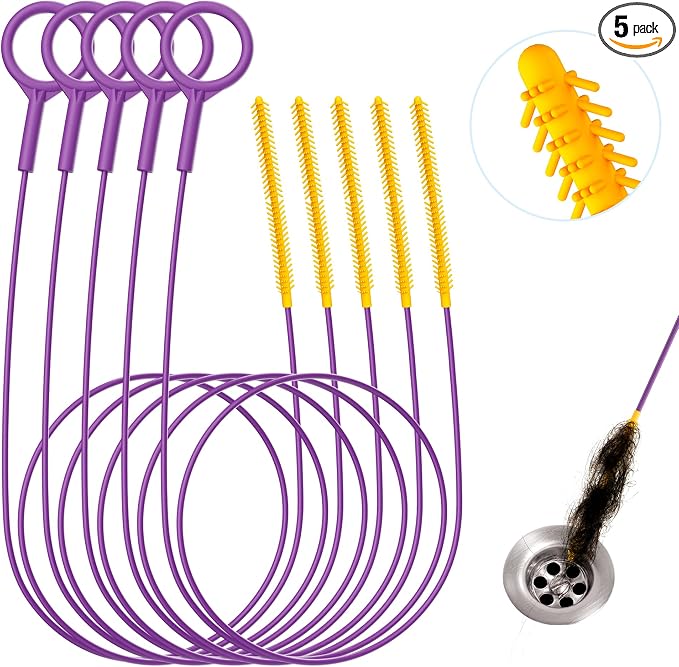 Drainsoon 35-Inch Metal Drain Snake Hair Clog Remover, Reusable Sink Snake Drain Hair Remover Tool, Flexible Break-Resistant Plumbing Snake Drain Cleaner for Shower, Bathtub, and Kitchen Sink (5 Pack)