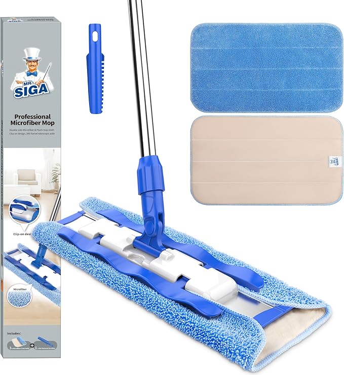 MR.SIGA Professional Microfiber Mop for Hardwood, Laminate Floor Cleaning | Stainless steel telescopic handle, 3 reusable microfiber flat mop refills and 1 dirt removal scrubber included