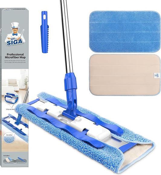 MR.SIGA Professional Microfiber Mop for Hardwood, Laminate Floor Cleaning | Stainless steel telescopic handle, 3 reusable microfiber flat mop refills and 1 dirt removal scrubber included