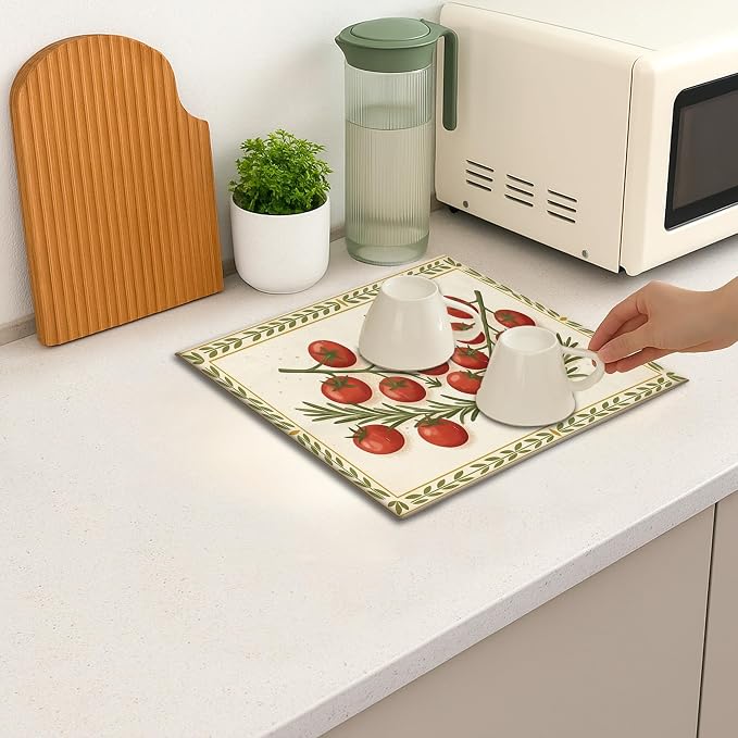 Tomatoes Herb Dish Drying Mats for Kitchen Counter, Rustic Red Tomatoes Absorbent Dish Drainer Rack Mat, Seasonal Farmhouse Microfiber Drying Pad for Kitchen Counter Decor 16x18 Inch