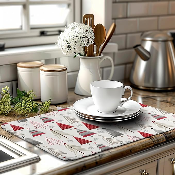 Christmas Dish Drying Mats for Kitchen Counter Xmas Tree Drying Mat Winter Holiday Dishes Drying Pad Microfiber Absorbent Dish Draining Mat Washable Dish Drainer Rack Mat 18x24 Inch