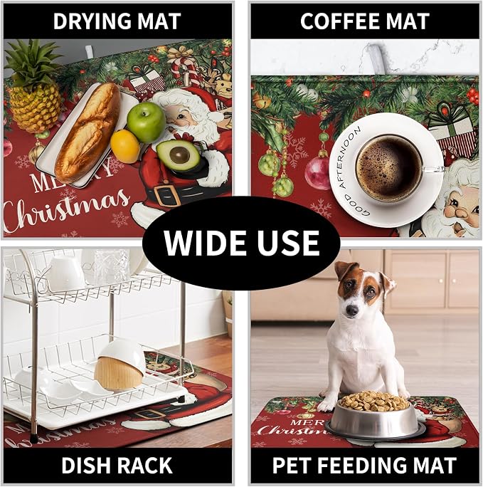 Merry Christmas Dish Drying Mat Santa Claus Kitchen Drainer Mats Microfiber Absorbent Winter Xmas Holiday Dishes Pad Reusable Dish Rack Mat for Countertop Tableware Decor 16x18 Inch