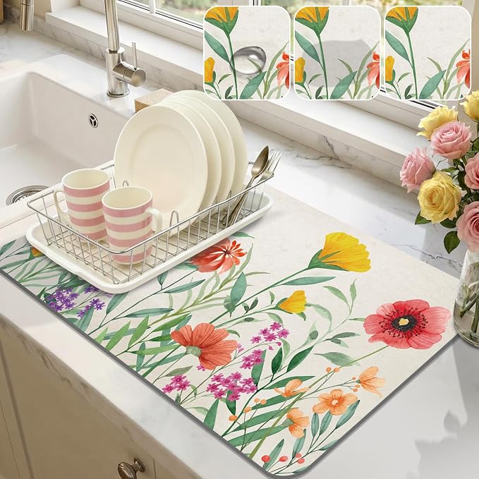 LOKHOM Dish Drying Mat for Kitchen Counter, 12"x20" Absorbent Coffee Bar Mat with Spring Floral, Dish Drainer Rack Mat for Kitchen Counter Coffee Maker, Dining Room Decoration