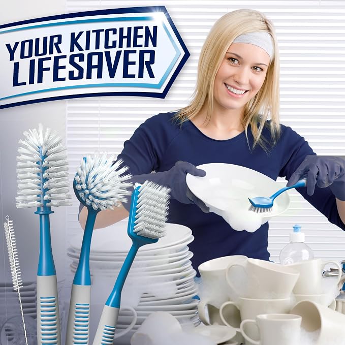 Dish Brush Set of 4 - Kitchen Scrub Brushes with Non-Slip Long Handle for Cleaning, Scrubber, Dishwashing, Dishes, Bottles, Straws, Cups, Pots & Sink, Blue