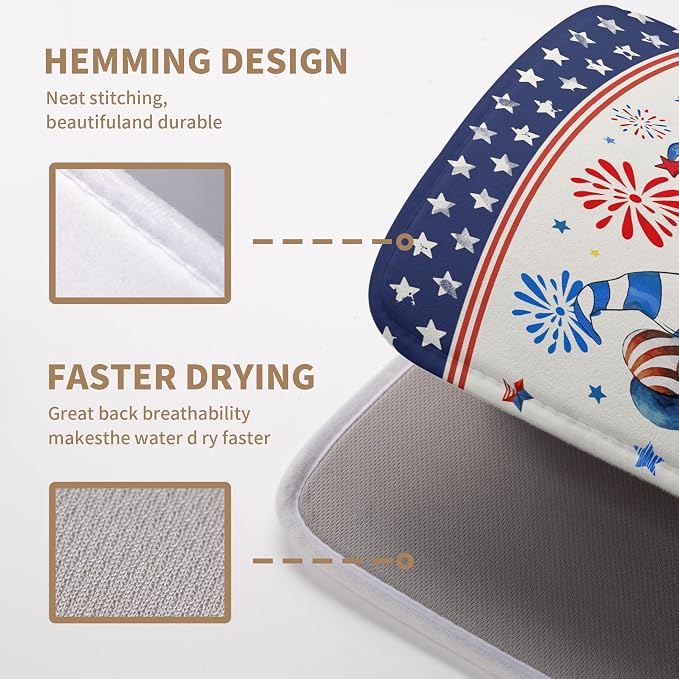 4th of July Dish Drying Mats for Kitchen Counter 18x24 In Memorial Independence Day Patriotic Gnome Stars Microfiber Drying Mat Fourth of July USA Super Absorbent Dish Rack Mat Drying Pad