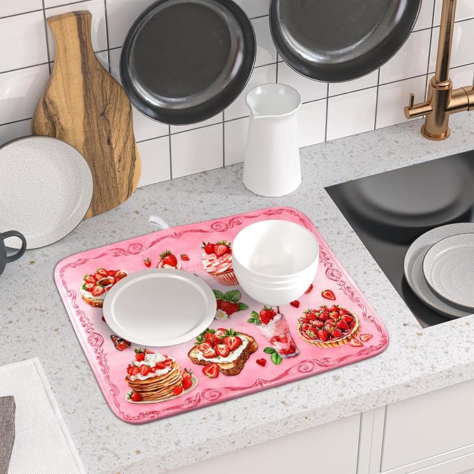 Pink Strawberry Dish Drying Mat for Kitchen Counter Washable Absorbent Dish Draining Mat 16×18in