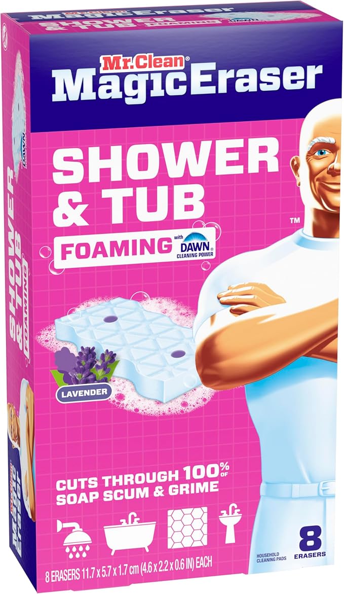 Mr. Clean Magic Eraser Sponge, Bathroom, Shower, Tub Cleaner, Soap Scum Remover, Bathroom Cleaning Supplies, Dawn Cleaning Power with Lavender Scent, Shower & Tub, 8ct
