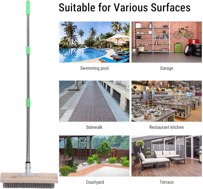 Hyuduo Stainless Steel Wire Scrub Brush, 80-120cm Telescopic Handle with Dense Hard Steel, for Deck Concrete Patio Floor Outdoor Indoor Moss Removal