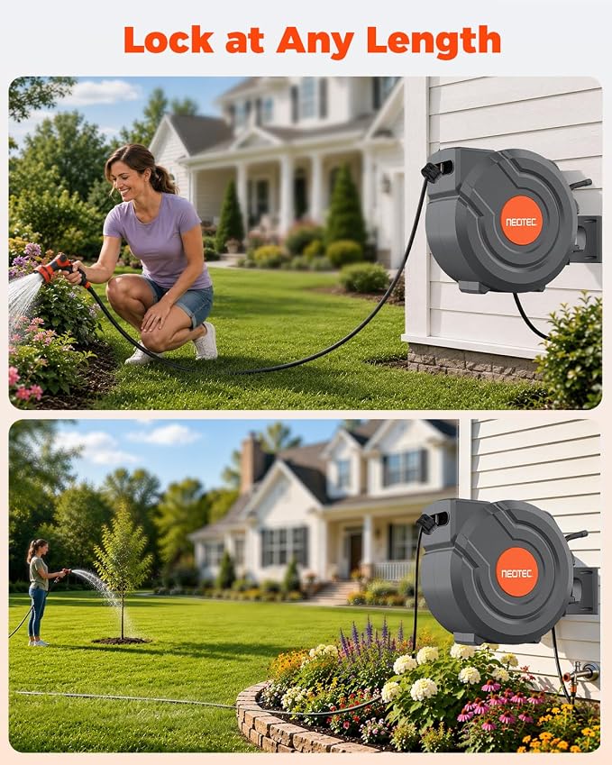 5/8 in 115 ft Retractable Garden Hose Reel with 9-Pattern Sprayer Nozzle | Any Length Lock, Auto Slow Return, 180° Swivel Mount, UV Resistant, Heavy Duty