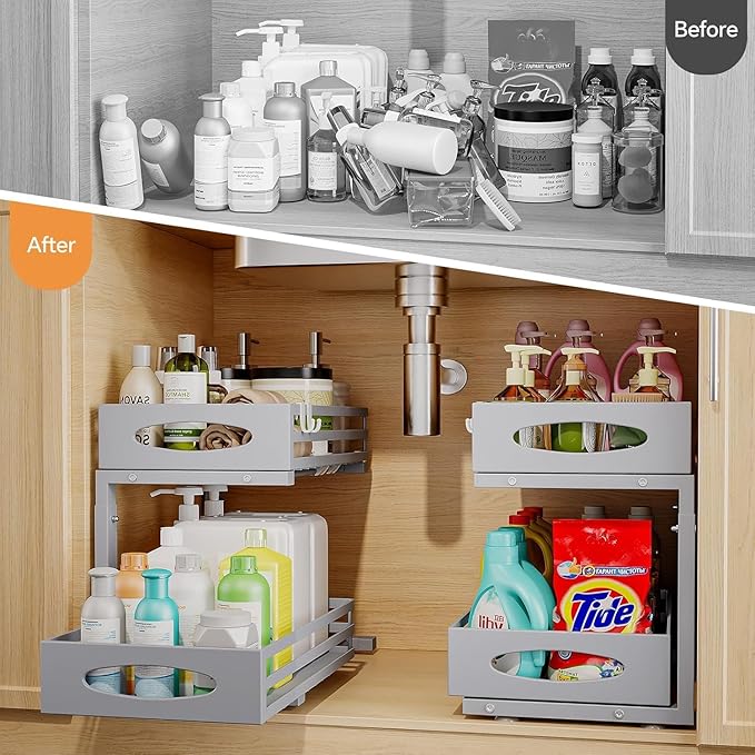 Under Sink Organizer, 2 Tier Under Sink Organizers and Storage, Adjustable Height, Slide out Metal Cabinet Organizers, Pull out Cabinet Storage Drawer Shelf for Kitchen Bathroom (Gray, 2 Pack)