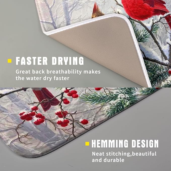 Red Bird Dish Drying Mat Merry Christmas Dishes Pad Absorbent Fast Dry Dish Drainer Mat Protector for Kitchen Counter 16 x 18 Inches