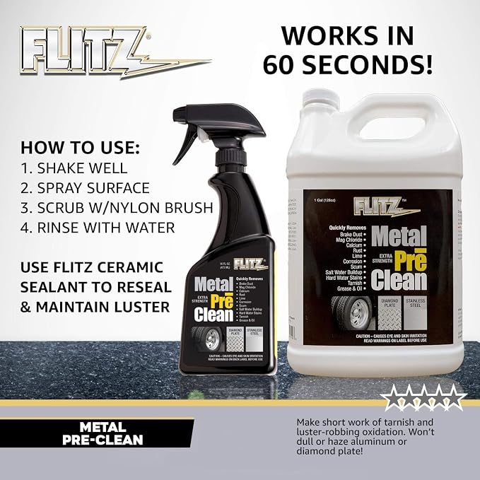 FLITZ Metal Pre-Clean - 1 Gallon of USA-Made Stainless Steel Cleaner - Works on Aluminum, Brass, Copper, & More - Tarnish, Rust Remover for Metals - Non-Abrasive Aluminum Deoxidizer (1 Pack)
