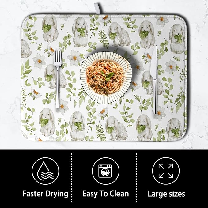 Easter Bunny Floral Drying Mat for Kitchen Counter Spring Easter Rabbits Green Leaves Dry Dish Mat Absorbent Microfiber Dish Draining Washable Dish Drainer Rack Mat Large 18x24 Inch