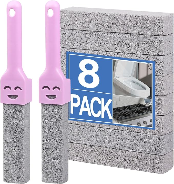 Herda 8-Pack Pumice Stone Scouring Stick with 2 Universal Handles, Pumice Stone for Cleaning Stove, Toilet, Tub, Grill, Swimming Pool, Sink, Removes Hard Water Rings, Calcium Deposits, Rust Buildup