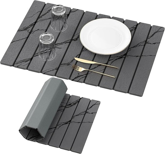 Yofidra Large Stone Dish Drying Mat for Kitchen Counter, Quick Dry Stone Mats with Absorbent Diatomaceous Earth, Foldable Roll Up Drying Organizer Pad for Utensils Plate, 24"×16", Dark Gray Marble