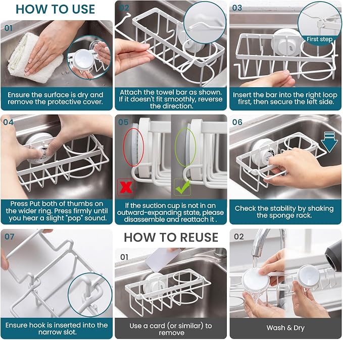 TAILI 4-in-1 Sponge Holder for Kitchen Sink with Strong Suction Cup Removable, Rustproof Stainless Steel Sink Caddy for Sponge, Brush, Scrubber, Scraper -White